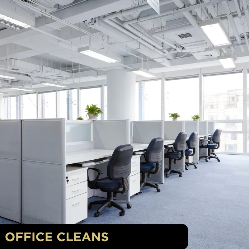 Clean bright open-plan office with tidy workstations and chairs illustrating professional office cleaning services in York