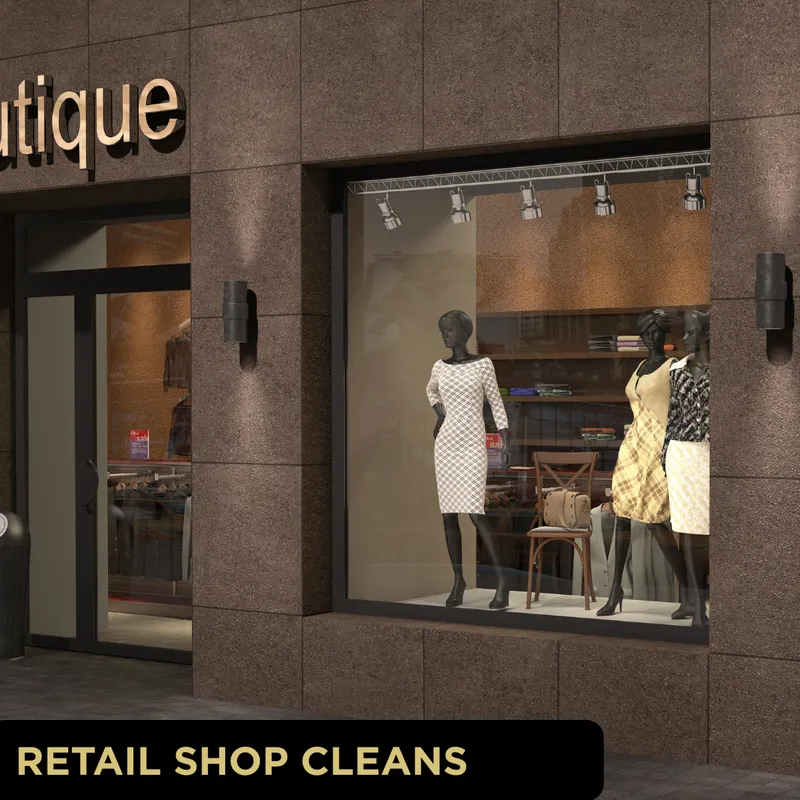 Boutique shop exterior with three mannequins in window display illustrating Glo Clean retail cleaning services in York